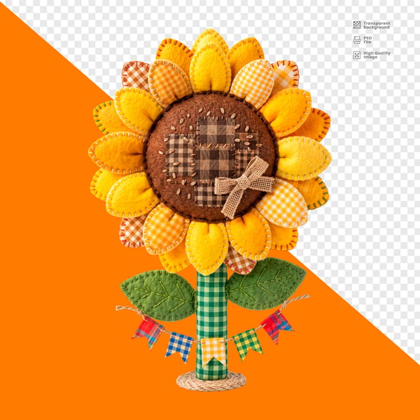 GIRASSOL FELTRO PATCHWORK AMARELO BANDEIRINHA LACO JUTA FESTA JUNINA PNG TRANSPARENTE