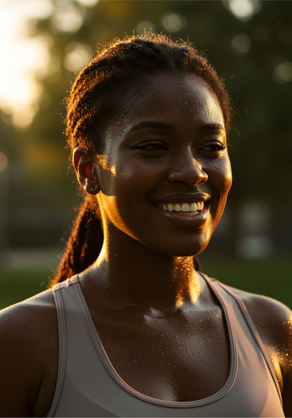 Mulher negra com roupas fitness sorri espontaneamente após treino ao ar livre, banhada pela luz dourada do pôr do sol, representando saúde e alegria.