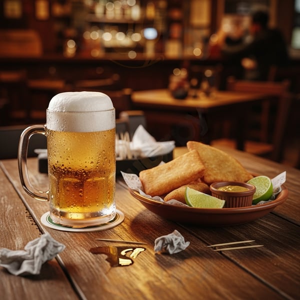 Caneca de chopp com espuma e porção variada em mesa de bar