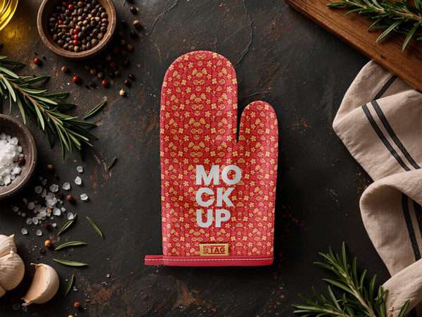 LUVAS DE FORNO MOCKUP SOBRE BANCADA VISTA SUPERIOR