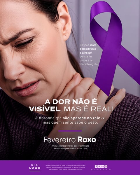 Fevereiro Roxo Campanha de Conscientização sobre Doenças Crônicas como Alzheimer Fibromialgia e Lúpus Social Media PSD Editável 2