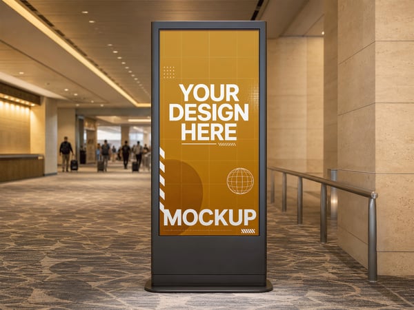 TOTEM PUBLICITÁRIO MOCKUP NO CORREDOR DE CHEGADAS VISTA FRONTAL