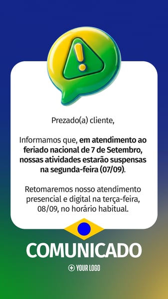 COMUNICADO DE SUSPENSÃO 7 DE SETEMBRO SOCIAL MEDIA FLYER PSD EDITÁVEL STORY