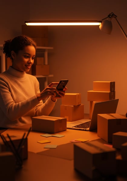 MULHER EMPREENDEDORA COM SMARTPHONE GERENCIA PEDIDOS DE E COMMERCE NOITE NEGÓCIO ONLINE EMBALAGEM LOGÍSTICA E TRABALHO EM CASA