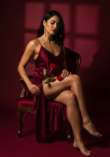 LINDA MULHER COM UMA ROSA SENTADA EM UMA CADEIRA DIA DA MULHER 04