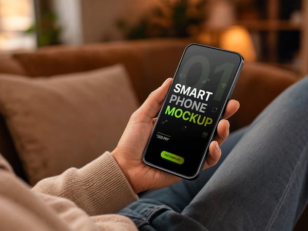 SMARTPHONE MOCKUP EM MÃO SALA DE ESTAR AO FUNDO