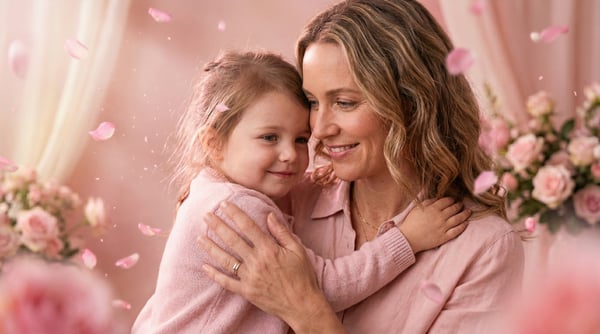 IMAGEM PARA COMPOSIÇÃO CINEMATOGRÁFICA MÃE ABRAÇANDO A FILHA PEQUENA SORRINDO