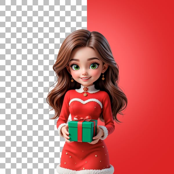 XIL MULHER COM ROUPA NATALINA SEGURANDO PRESENTE NAS MÃOS PSD EDITÁVEL