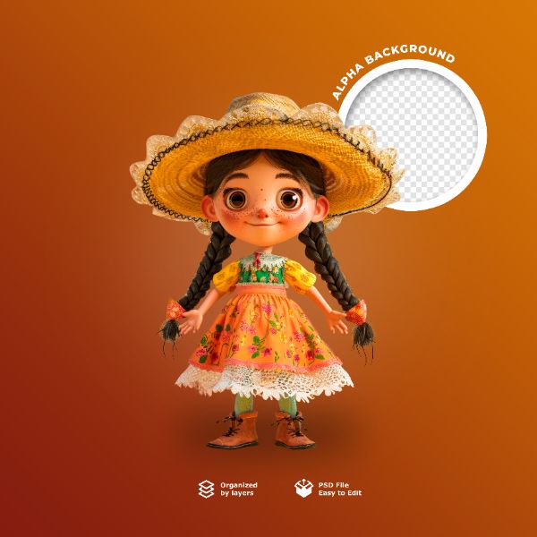 UMA BONECA 3D COM CHAPÉU DE PALHA PARA FESTA JUNINA