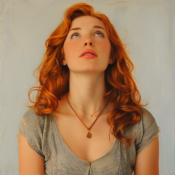 UMA LINDA MULHER RUIVA, OLHANDO PARA CIMA - IMAGEM