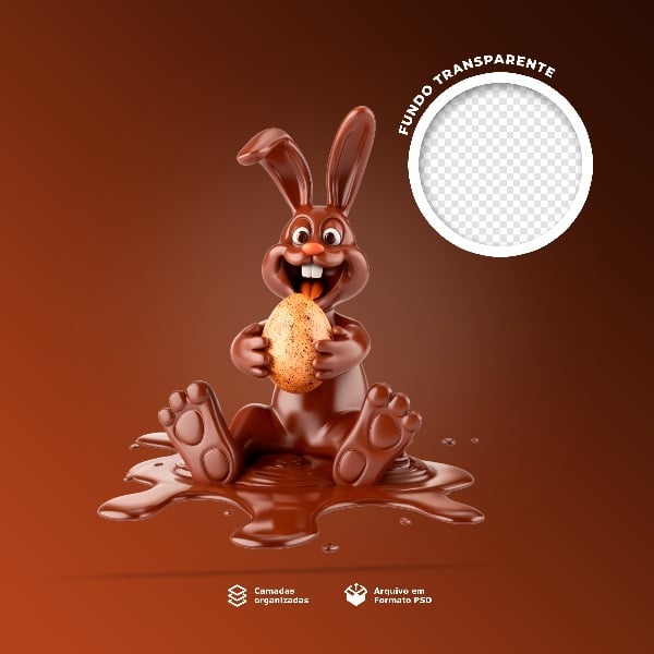 COELHO DE CHOCOLATE  SEGURANDO UM OVO DE PÁSCOA 3D
