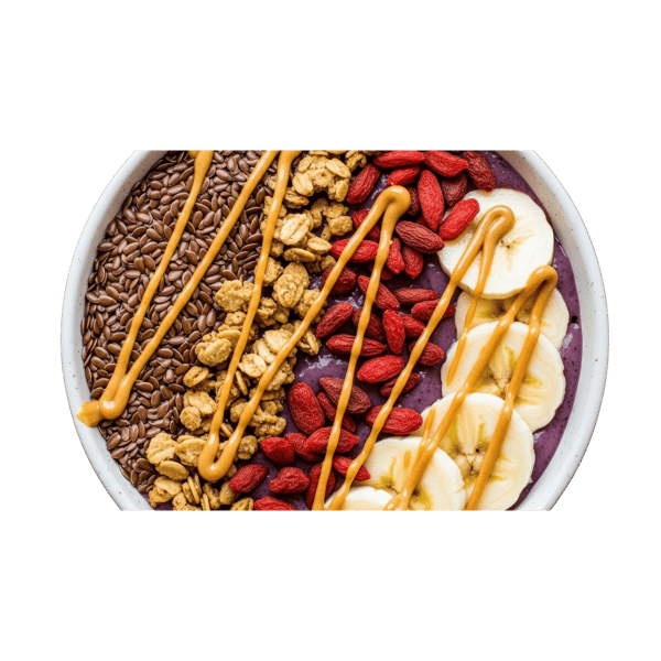 TIGELA DE AÇAÍ COM SEMENTES DE LINHAÇA, GRANOLA CROCANTE, GOJI BERRIES, RODELAS DE BANANA E CALDA DE MANTEIGA DE AMENDOIM 2