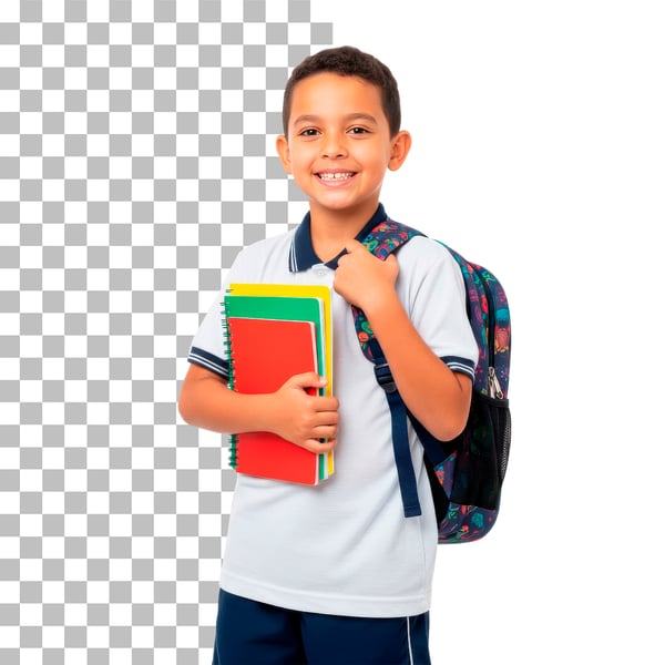 MENINO ESTUDANTE COM LIVROS NA MÃO E MOCHILA NAS COSTAS DE UNIFORME ESCOLAR EM PNG TRANSPARENTE