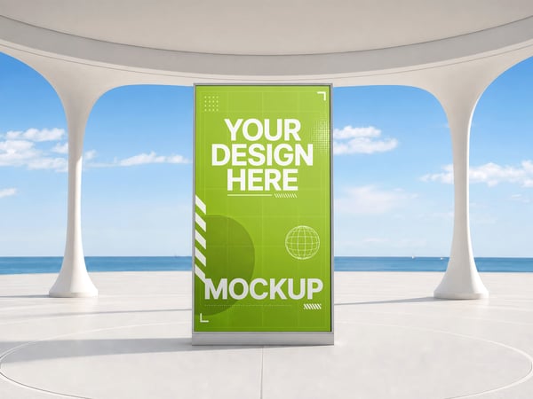 OUTDOOR MOCKUP EM PAVILHÃO COSTEIRO MAR AO FUNDO