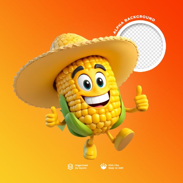 UM PERSONAGEM MILHO FELIZ EM 3D PARA SÃO JOAO