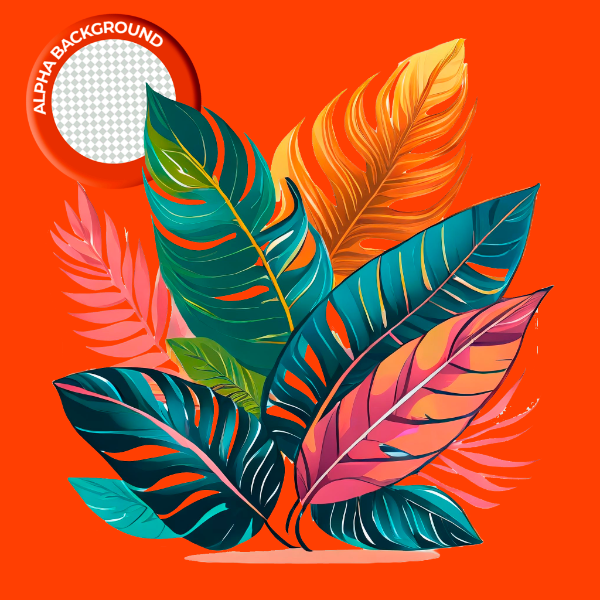 ELEMENTO FOLHAS TROPICAIS COLORIDAS PARA COMPOSIÇÃO PNG TRANSPARENTE SEM FUNDO