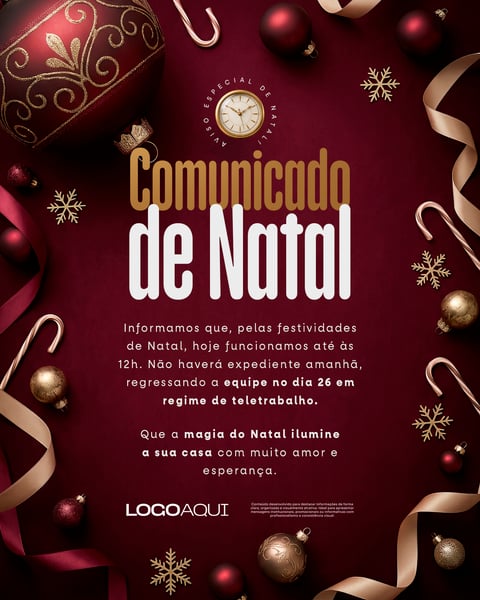 COMUNICADO DE NATAL HORÁRIO DE FUNCIONAMENTO SOCIAL MEDIA FLYER PSD EDITÁVEL