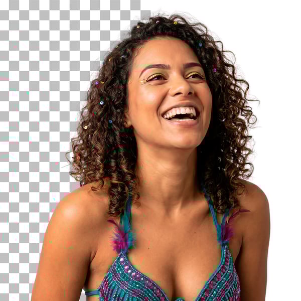 IMAGEM MULHER BRASILEIRA ROUPA CARNAVALESCA FELIZ COM CONFEITES NA CABEÇA EM PNG TRANSPARENTE