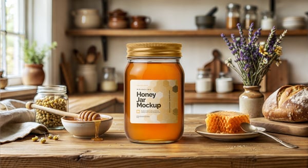 POTE DE VIDRO COM MEL PSD EDITÁVEL MOCKUP