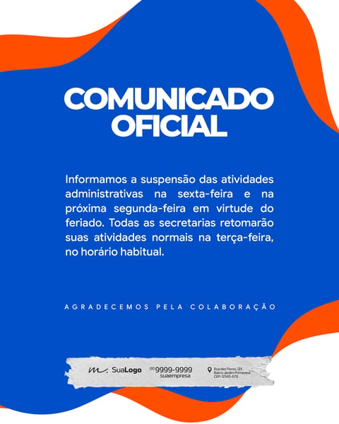 COMUNICADO OFICIAL SUSPENSÃO DE ATIVIDADES FERIADO PSD EDITÁVEL