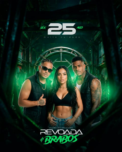 FLYER BAILE FUNK CYBERPUNK VERDE TRIO DE ARTISTAS PSD EDITÁVEL