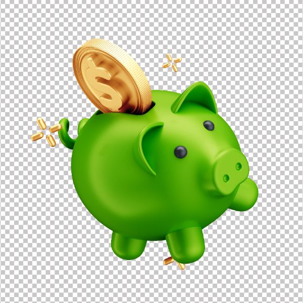 ASSET 3D - COFRE PORQUINHO VERDE COM MOEDA DOURADA COM FUNDO TRANSPARENTE