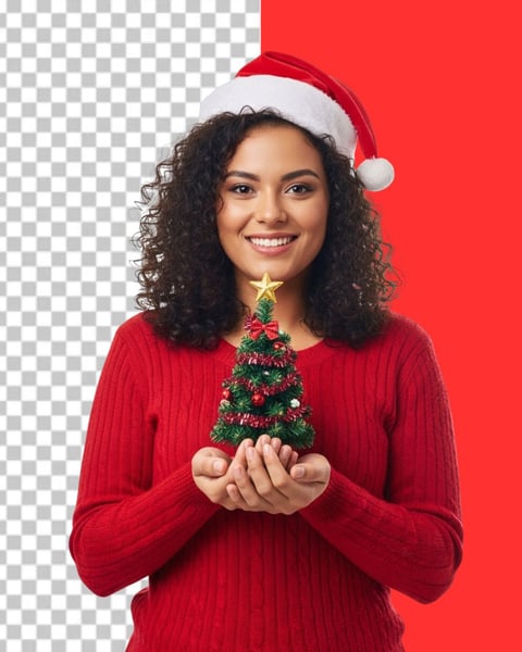 IMAGEM PARA COMPOSIÇÃO MULHER COM GORRO DE NATAL SEGURANDO ÁRVORE DE NATAL NAS MÃOS PNG TRANSPARENTE