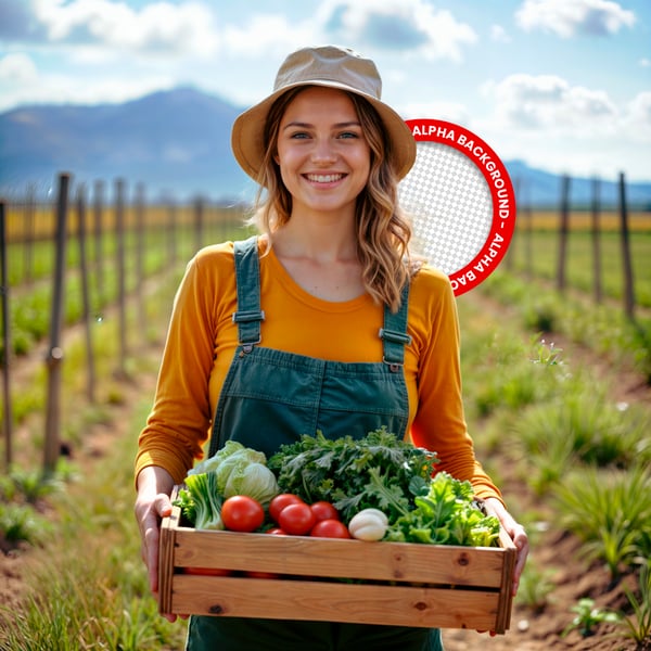 DBQ PRODUTORA RURAL SEGURANDO HORTALIÇAS ORGÂNICAS NA PLANTAÇÃO – IMAGEM PARA COMPOSIÇÃO PSD