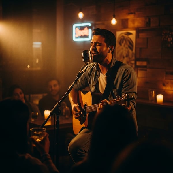 Cantor ao vivo se apresentando em bar com iluminação aconchegante
