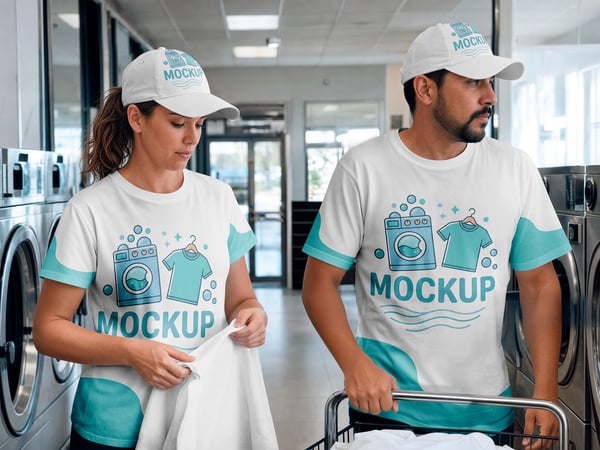 CAMISETA MOCKUP EM LAVANDERIA EQUIPE AO FUNDO