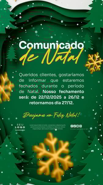 COMUNICADO DE NATAL AVISO ANÚNCIO RECESSO FERIADO SOCIAL MEDIA PSD EDITÁVEL STORY 30