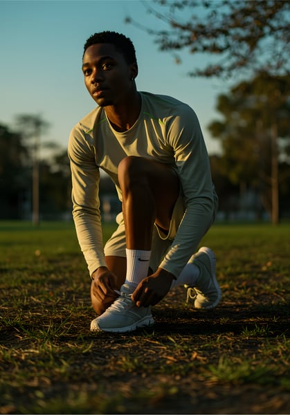 Homem negro jovem, com roupas esportivas, agachado, amarrando os tênis.