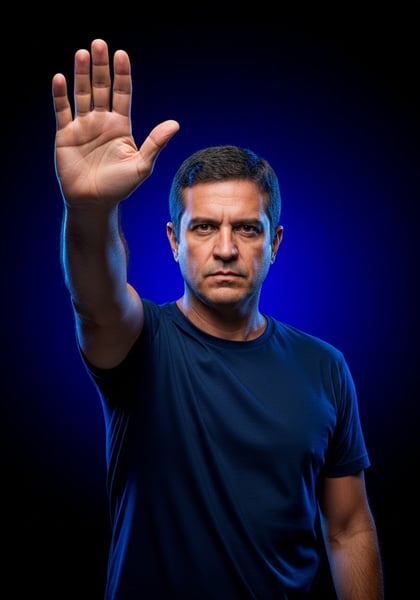 HOMEM SRIO FAZENDO GESTO DE PARE COM A MO SIMBOLIZANDO PROIBI O LIMITE OU ADVERTÊNCIA EM FUNDO AZUL