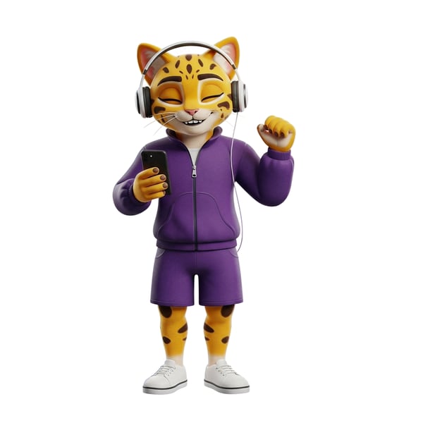 Leopardo 3d Feliz Ouvindo Música Com Fones De Ouvido E Smartphone Em Traje Esportivo Roxo