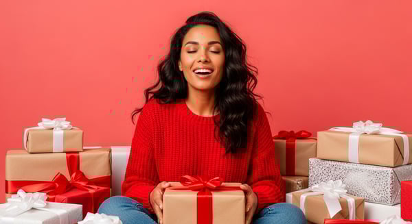 IMAGEM DE MULHER SENTADA AO REDOR PRESENTES PARA COMPOSIÇÃO