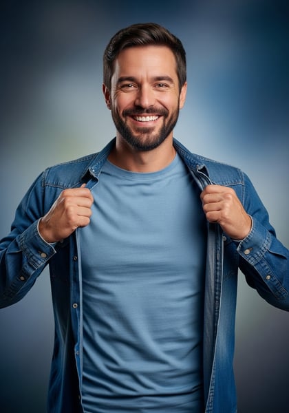 RETRATO DE HOMEM FELIZ E CONFIANTE COM BARBA CAMISA JEANS E CAMISETA AZUL