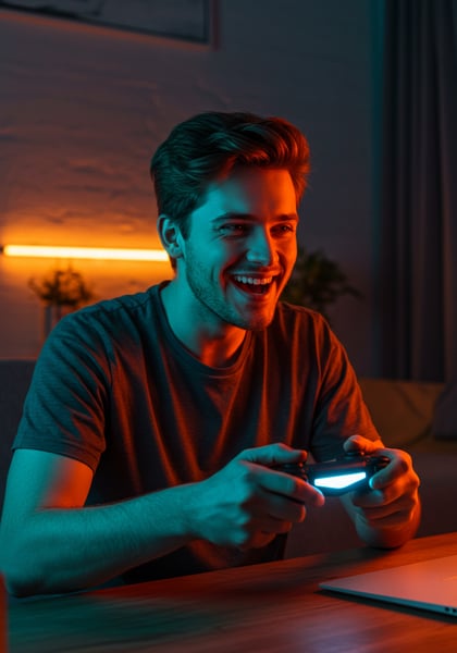 JOVEM GAMER FELIZ JOGANDO VIDEOGAME COM CONTROLE BRILHANTE EM AMBIENTE NEON ENTRETENIMENTO NOTURNO