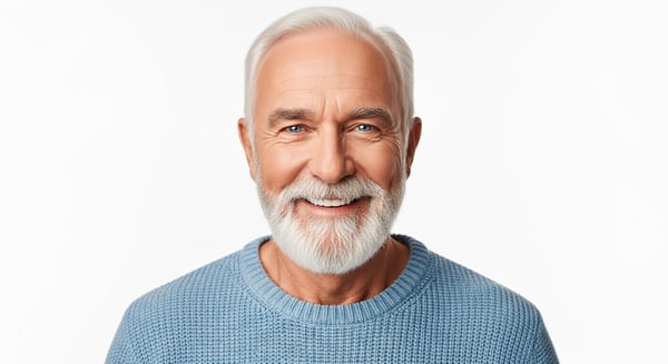 RETRATO DE HOMEM IDOSO FELIZ SORRINDO COM CABELO E BARBA BRANCA OTIMISMO E CONFIANÇA