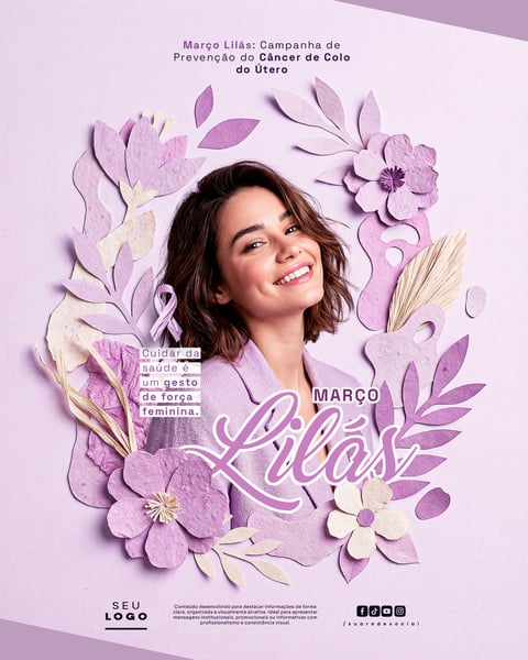 MARÇO LILÁS CAMPANHA DE CONSCIENTIZAÇÃO E COMBATE AO CÂNCER DE COLO DE ÚTERO SOCIAL MEDIA PSD EDITÁVEL 3