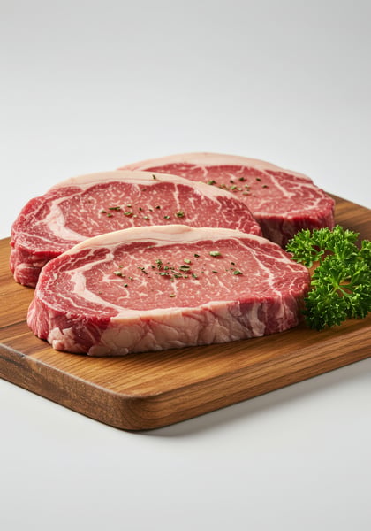 BIFES DE CARNE MARMORIZADA SOBRE TÁBUA DE MADEIRA 2