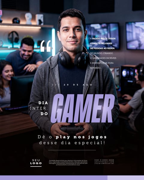 DIA INTERNACIONAL DO GAMER 29 DE AGOSTO SOCIAL MEDIA PSD EDITÁVEL