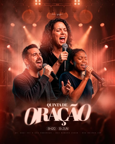 QUINTA DE ORAÇÃO GOSPEL WORSHIP COM TRÊS CANTORES NO PALCO ILUMINADO