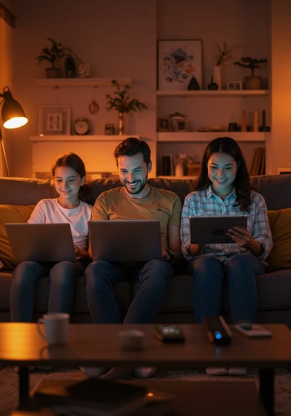 FAMÍLIA FELIZ USANDO LAPTOPS E TABLET NA SALA DE ESTAR NOITE PAIS E FILHA SORRINDO COM A TECNOLOGIA EM CASA ESTILO DE VIDA DIGITAL MODERNO