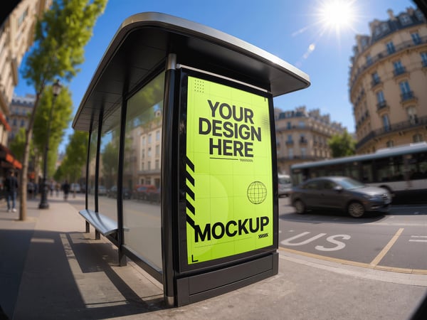 POSTER DE ABRIGO DE ÔNIBUS MOCKUP NA RUA VISTA LATERAL