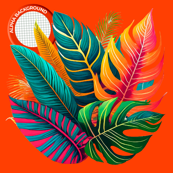 ELEMENTO FOLHAS TROPICAIS COLORIDAS PARA COMPOSIÇÃO PNG TRANSPARENTE SEM FUNDO