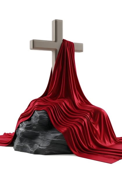 CRUZ DE MADEIRA SOBRE A ROCHA COM UM TECIDO VERMELHO EM VOLTA DO TECIDO 02