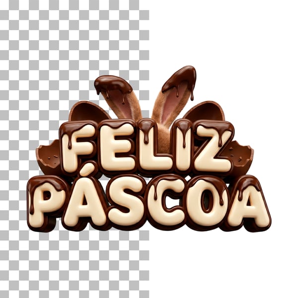 SELO 3D FELIZ PÁSCOA COM OVOS DE CHOCOLATE E ORELHA DE COELHO EM PNG TRANSPARENTE