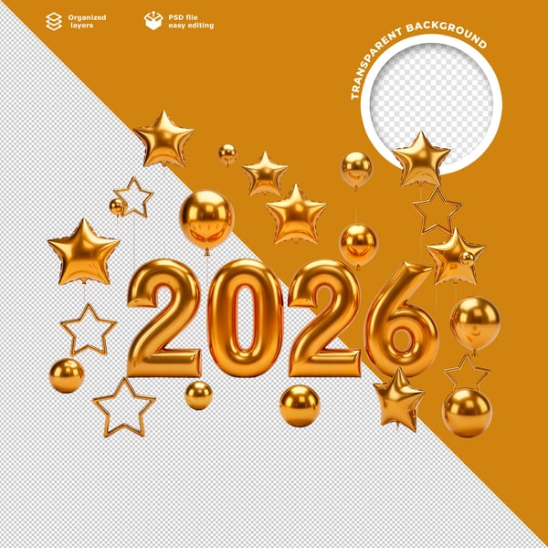 NÚMEROS 2026 DOURADOS BRILHANTES COM ESTRELAS E BOLAS DE NATAL 3D FESTIVO