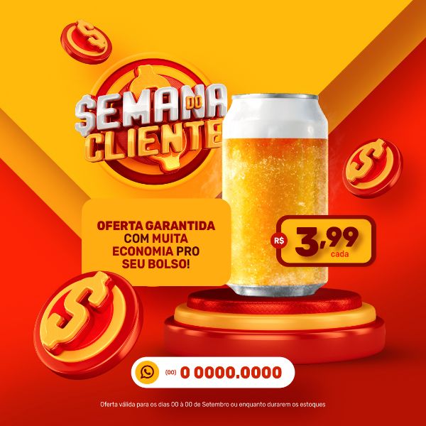 DIA DO CLIENTE 15 DE SETEMBRO SELO 3D SEMANA DO CLIENTE OFERTA DE CERVEJA BANNER PSD EDITÁVEL