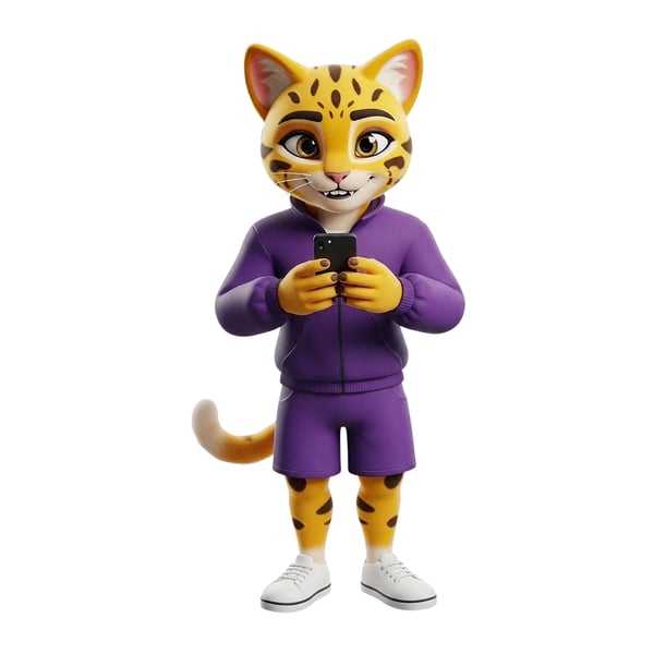 Mascote 3d De Gato Roxo Em Roupa Esportiva Com Smartphone: Tecnologia Digital, Mídias Sociais E Comunicação